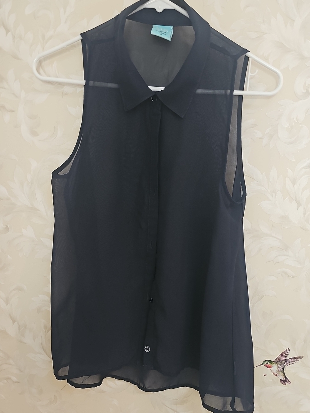 h.i.p. Sheer Sleeveless Button-Front Blouse - NAVY BLUE